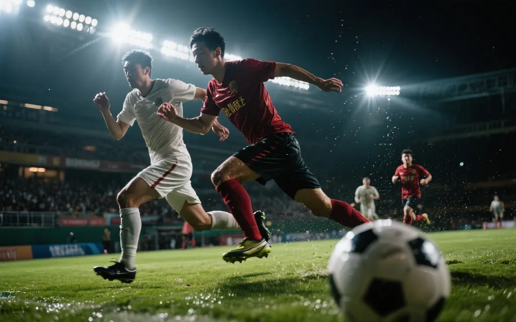 球员在高强度对抗中奔跑，汗水与灯光，赛程压力氛围