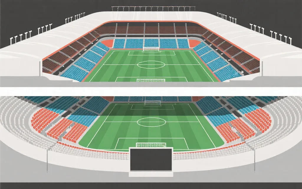 大型球场分层看台示意：下层、中层、上层与角旗区视角