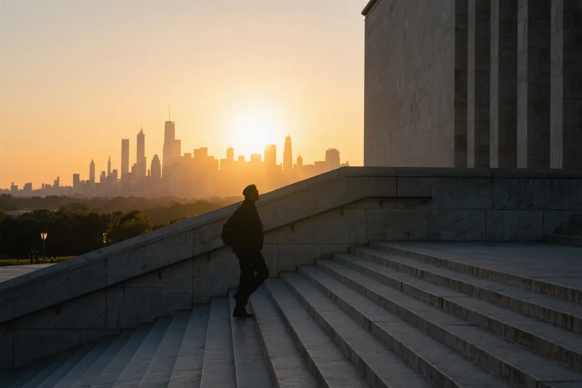 城市博物馆台阶与远处天际线,傍晚金色光线,旅行者剪影