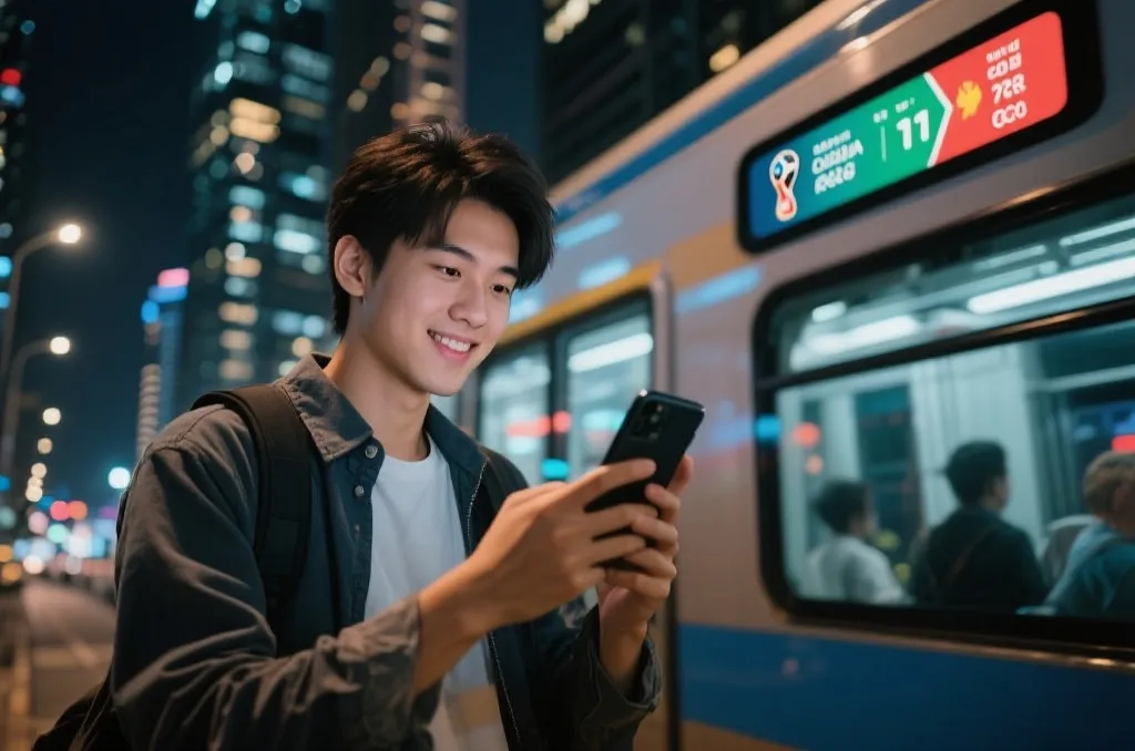 通勤路上用手机查看世界杯实时比分的年轻人,画面干净现代,夜色城市背景,信息提示清晰